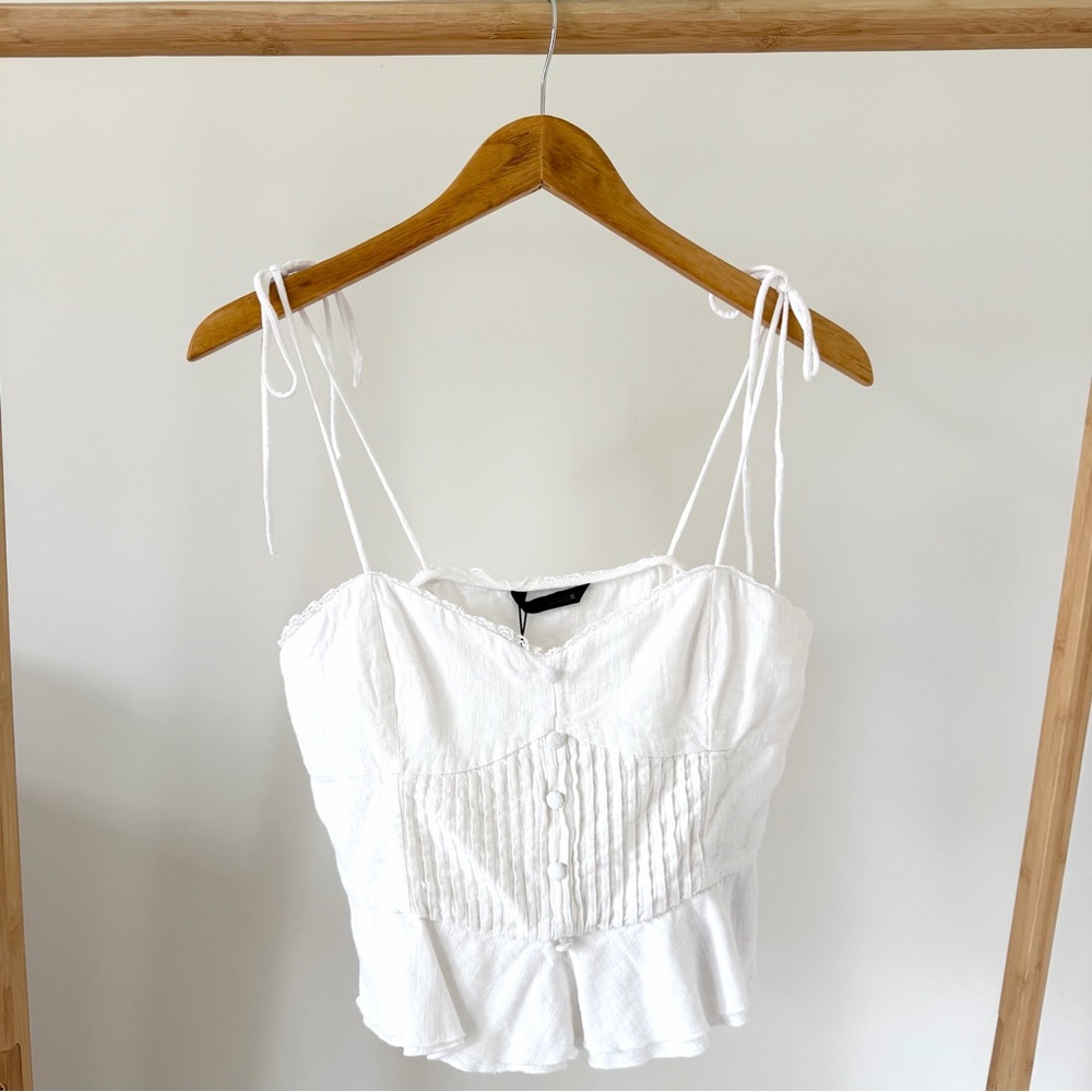 NWT Zara Linen Tie Strap Lace Corset Tank Top in White - M